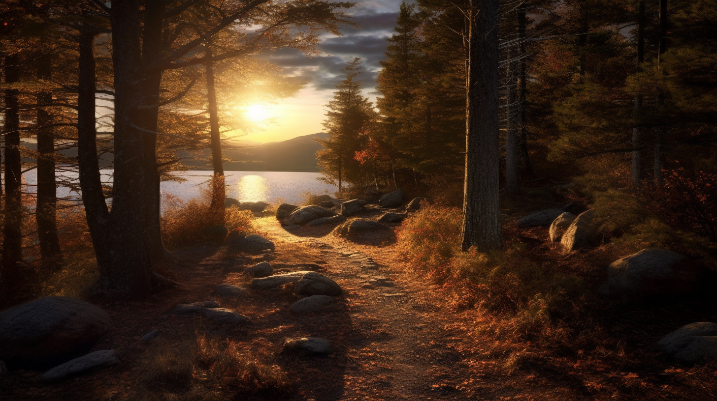 Scenic view of a path through the woods leading to a pond, with mountains in the background and sunlight illuminating the scene.