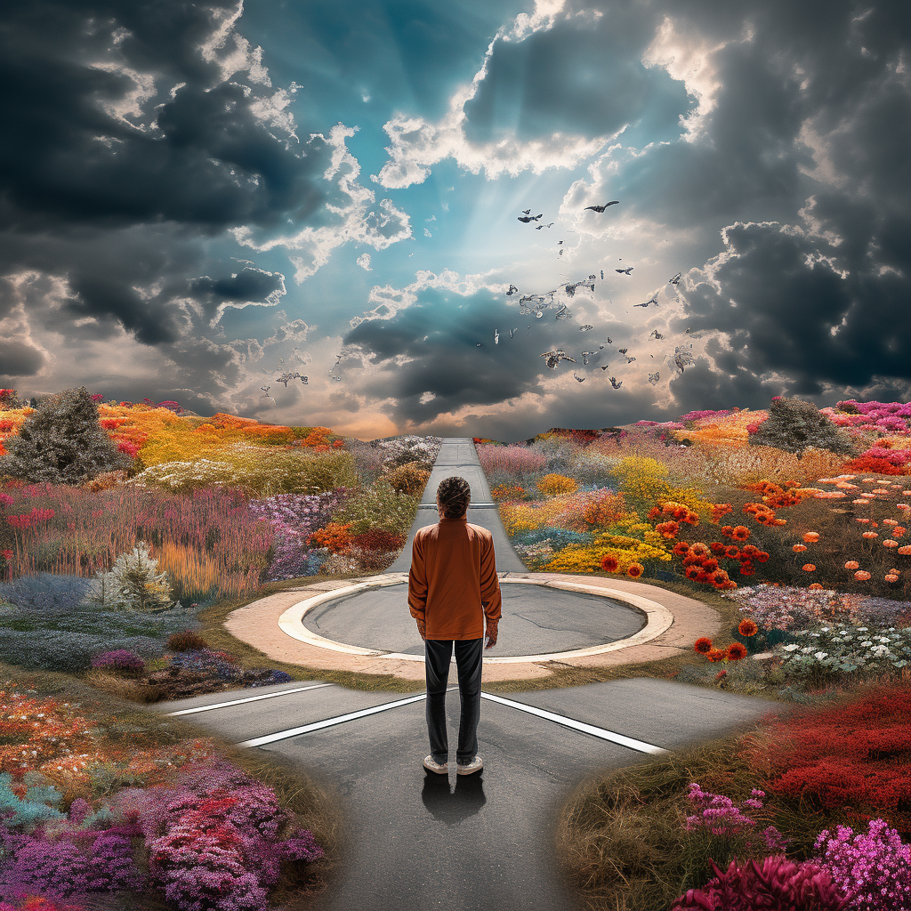 Androgynous person standing at a crossroads, surrounded by flowers, with the sky transitioning from ominous to sunny.