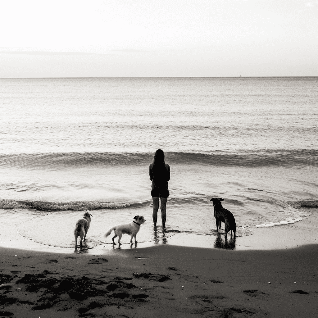 Woman enjoying a peaceful moment by the ocean, surrounded by her three loyal dogs.