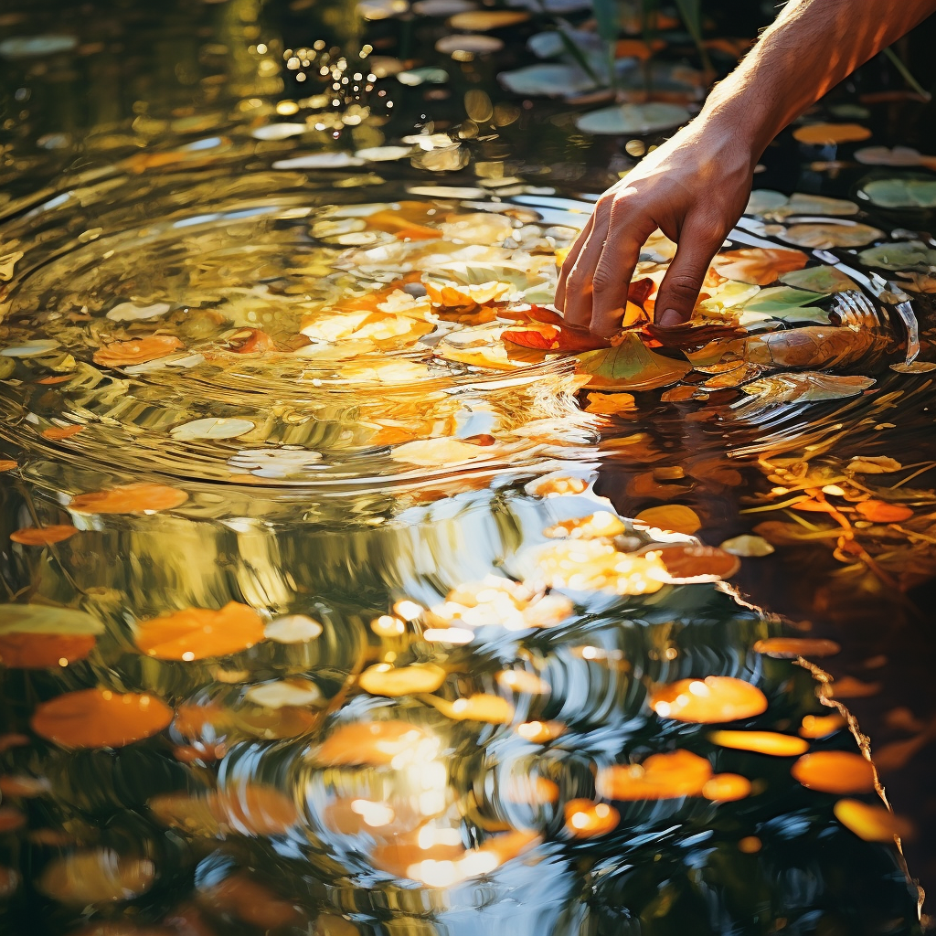 Close-up of a hand gently touching the water's surface, creating ripples among lily pads and golden leaves.