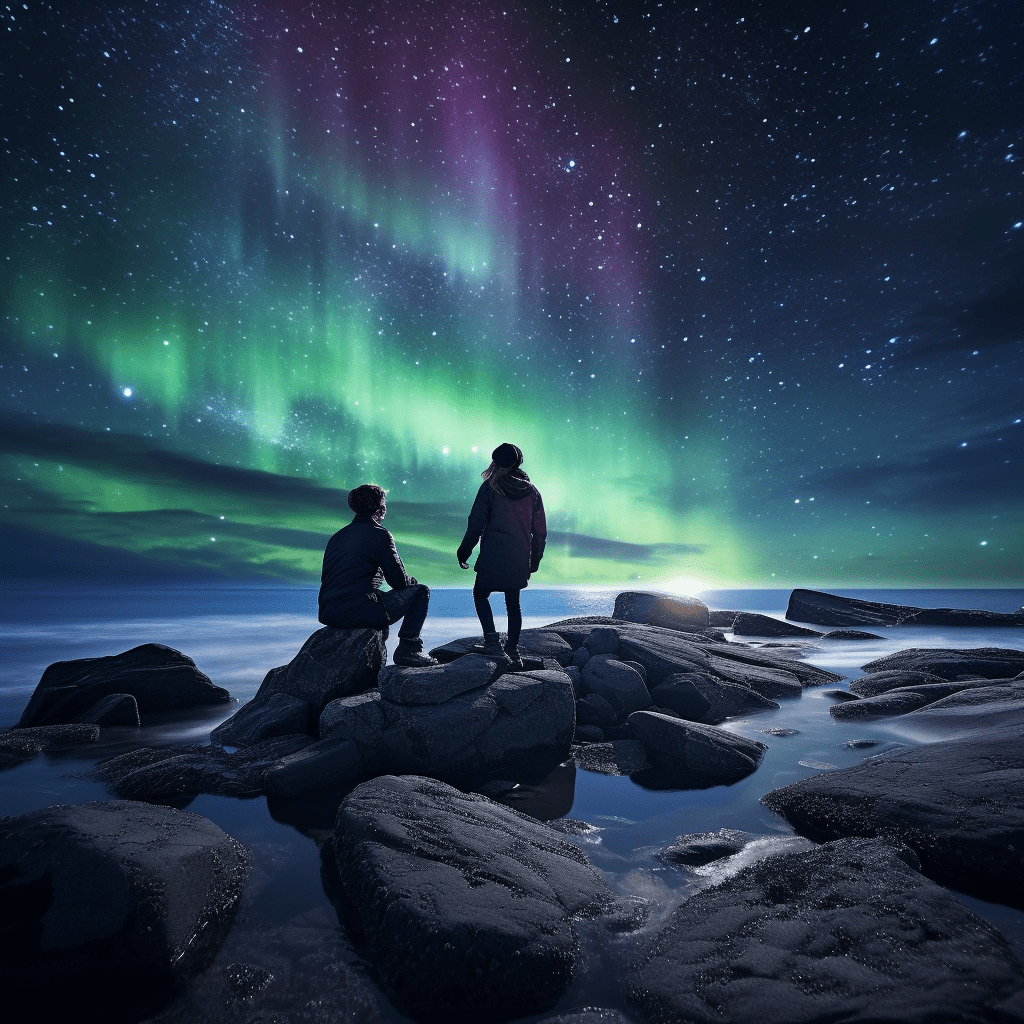 Man and woman standing together under the night sky, witnessing the breathtaking Northern Lights.