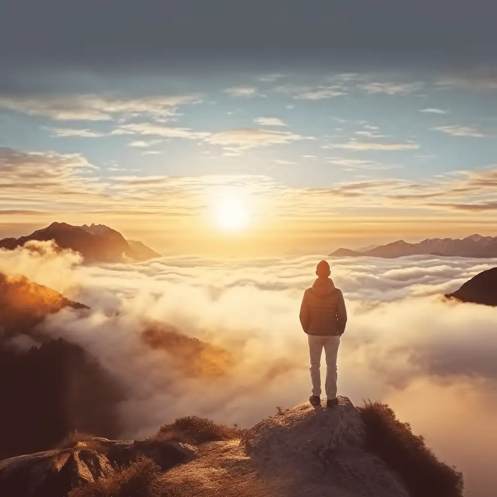 Man standing triumphantly on mountain peak, overlooking a stunning sunrise above the clouds.