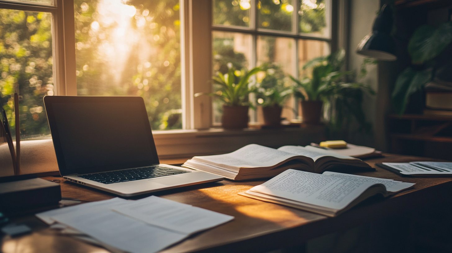 Minimalist workspace with an open laptop and books in a sunlit room, symbolizing knowledge-sharing and professional contributions on the media page.