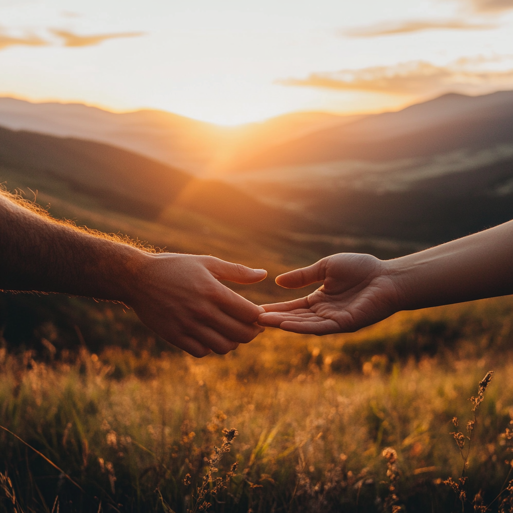 Two hands reaching out to each other, symbolizing connection, guidance, and support in coaching and mentoring.