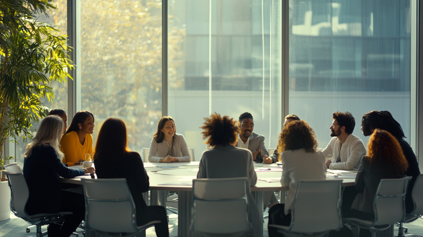 A diverse group of professionals collaborating around a table in a modern office, symbolizing inclusive and strategic organizational consulting.