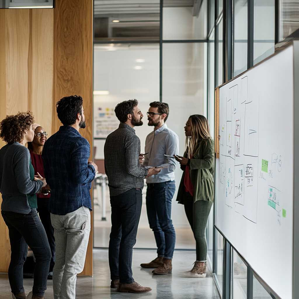 A diverse team of professionals brainstorming around a whiteboard, symbolizing strategic thinking and collaboration in organizational consulting.