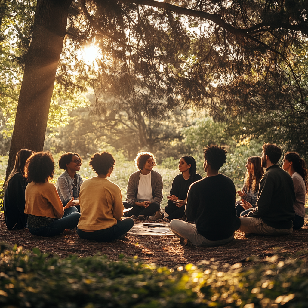 A diverse group of people sitting in a circle outdoors, engaging in conversation and sharing experiences, symbolizing connection and support in group therapy.