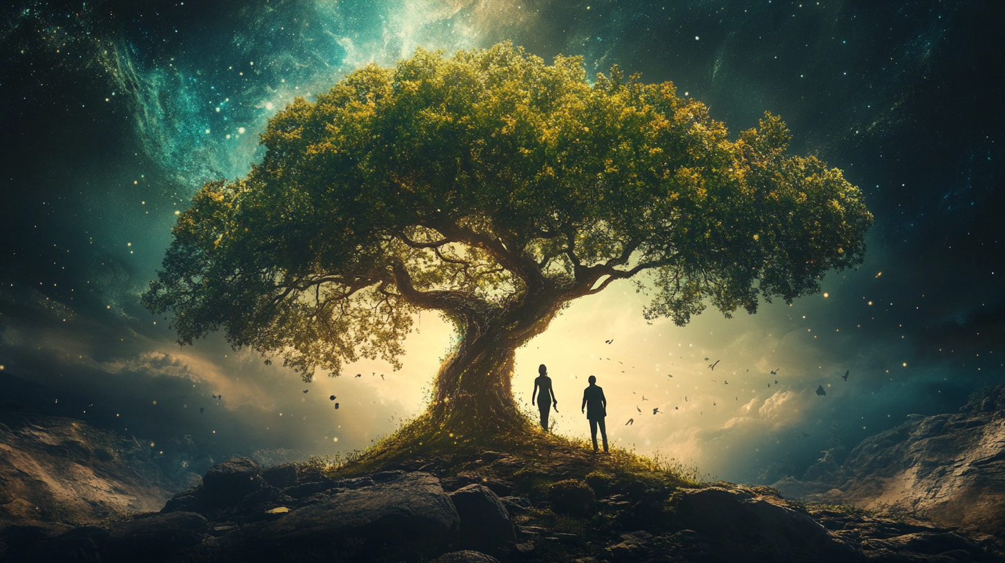 Two figures standing under a large tree with a cosmic sky backdrop, symbolizing growth, discovery, and connection.