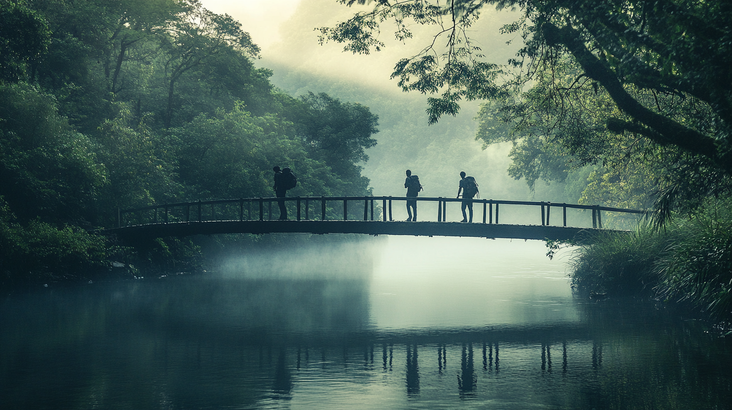 Group of hikers crossing a bridge over a calm river surrounded by trees, symbolizing shared journeys, connection, and support in group therapy.